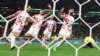 Croatia players celebrate as Brazil's Marquinhos, right, missed a penalty kick to secure the World Cup victory for Croatia on Dec. 9, 2022. 