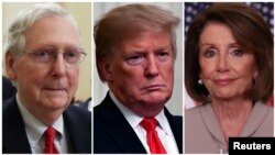 A gauche, le chef républicain Mitch McConnell, le président Donald Trump et House Speaker Nancy Pelosi.