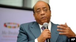 FILE - Mo Ibrahim a speaks to the media during the announcement of the recipient of The Ibrahim Prize for Achievement in African Leadership in London, October 2008.